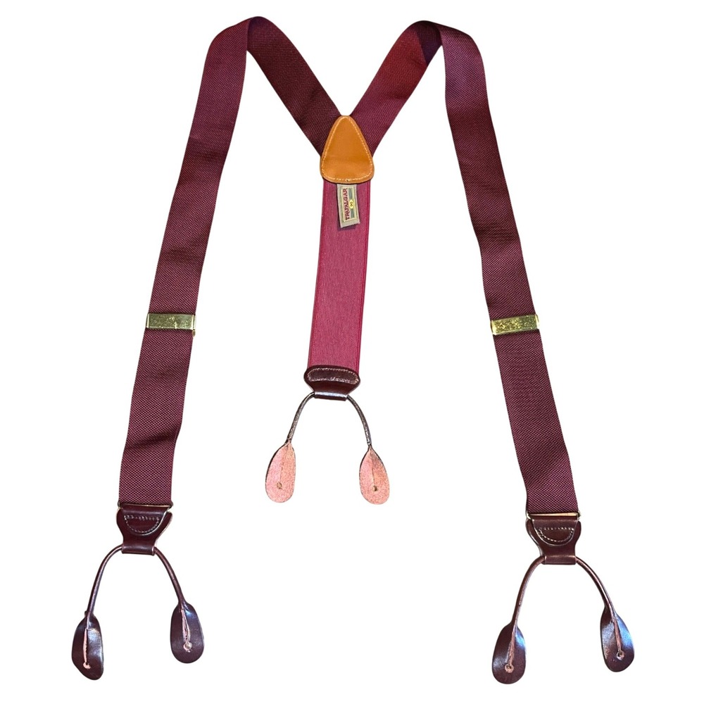 Trafalgar Mens Suspenders Burgundy Leather Button End Y-Back Gold Hardware 1268